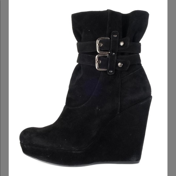 Stuart Weitzman Ruched Buckle Suede Wedge Black Booties Boots Size 8 - Picture 4 of 13